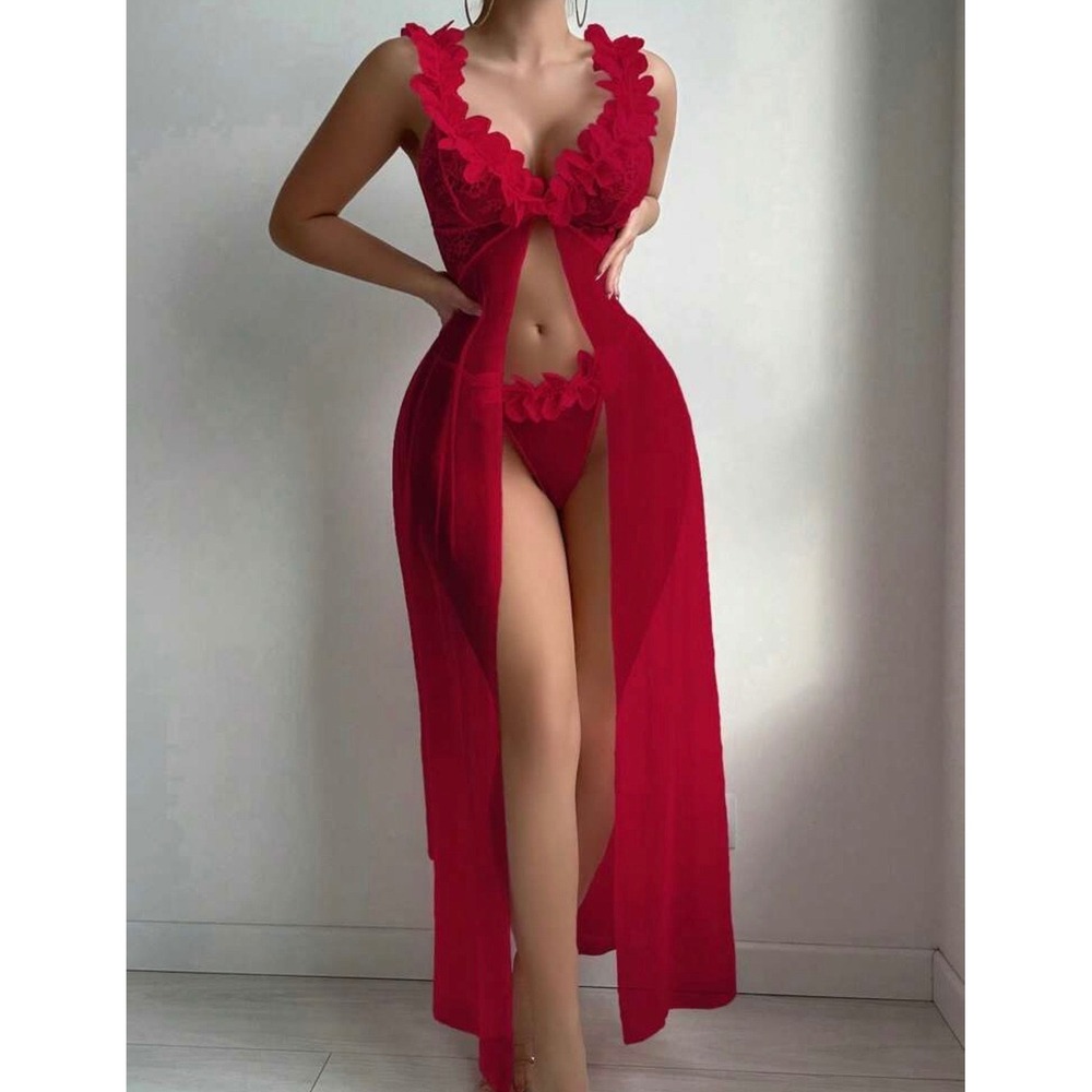 Red Floral Lace Sheer Mesh‎ Long Babydoll Nightgown Lingerie Set with Thong